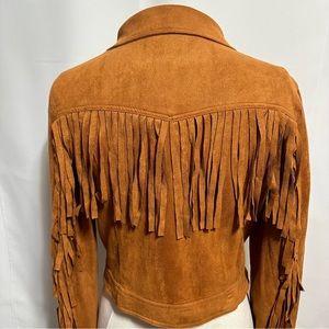 FAUX SUEDE FRINGE ASYMMETRICAL MOTO JACKET IN COGNAC BROWNISH-ORANGE Sz. LG/XL